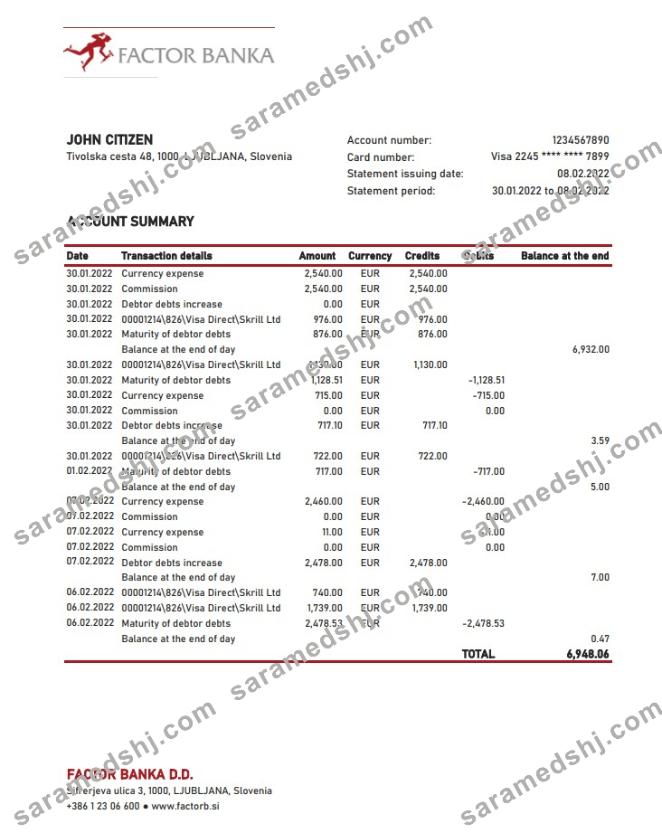 Slovenia Factor Banka bank statement xls